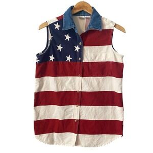 Quizz Again Vintage American Flag Sleeveless Shirt Small Patriotic Western USA